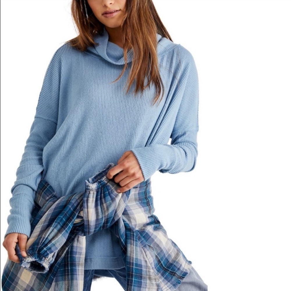 Free People Blue‎ Open Back  Juicy Long Sleeve Thermal Cowl Neck Top Large